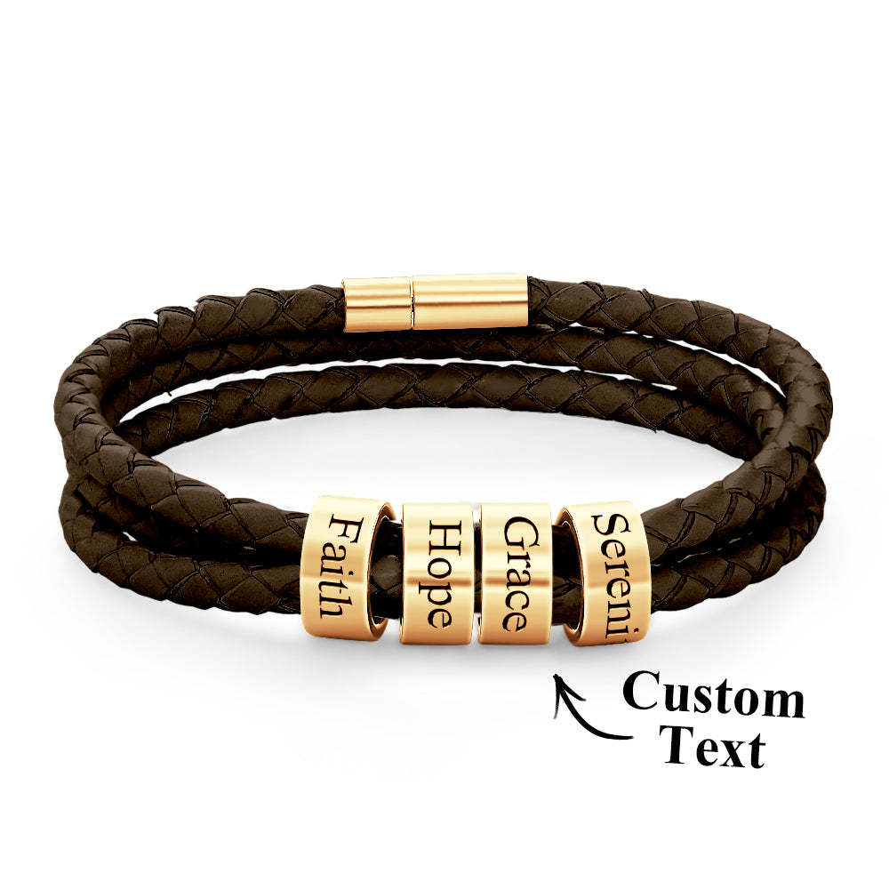 Men Braided Leather Bracelet with Small Custom Beads - soufeelus