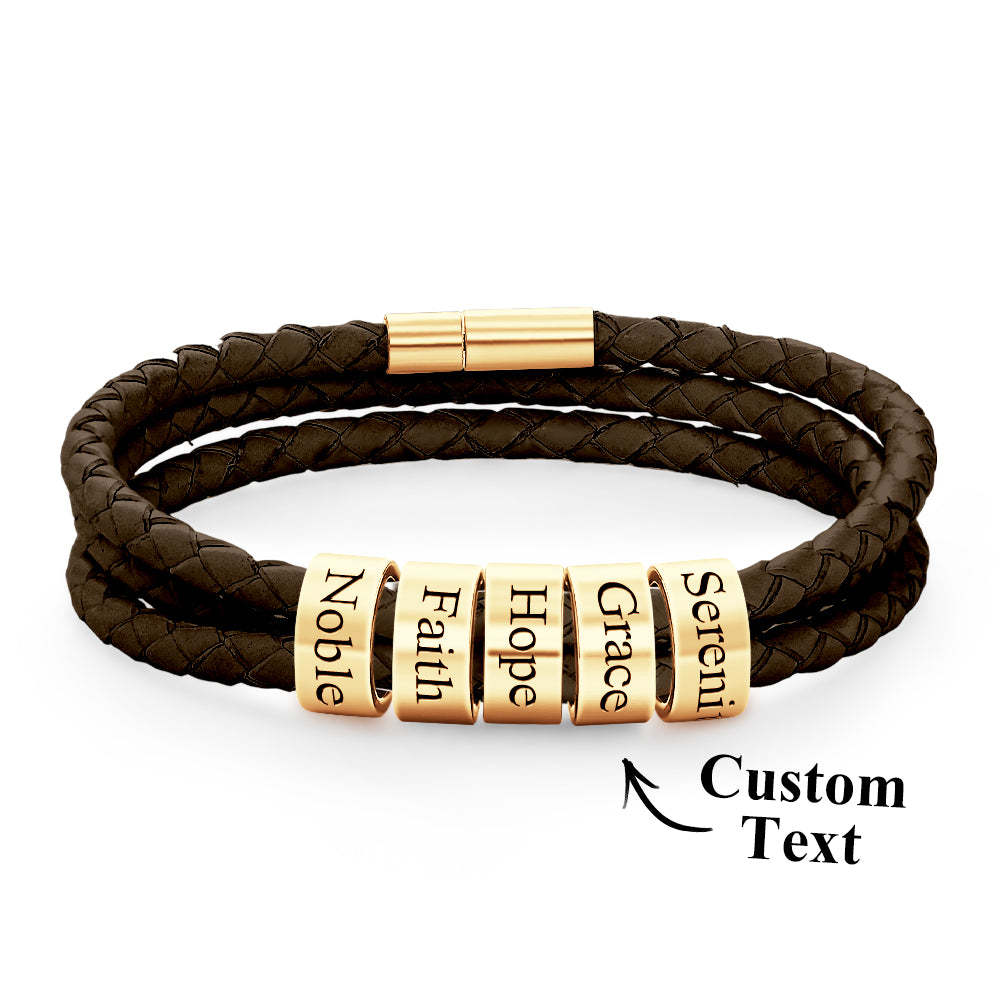 Men Braided Leather Bracelet with Small Custom Beads - soufeelus