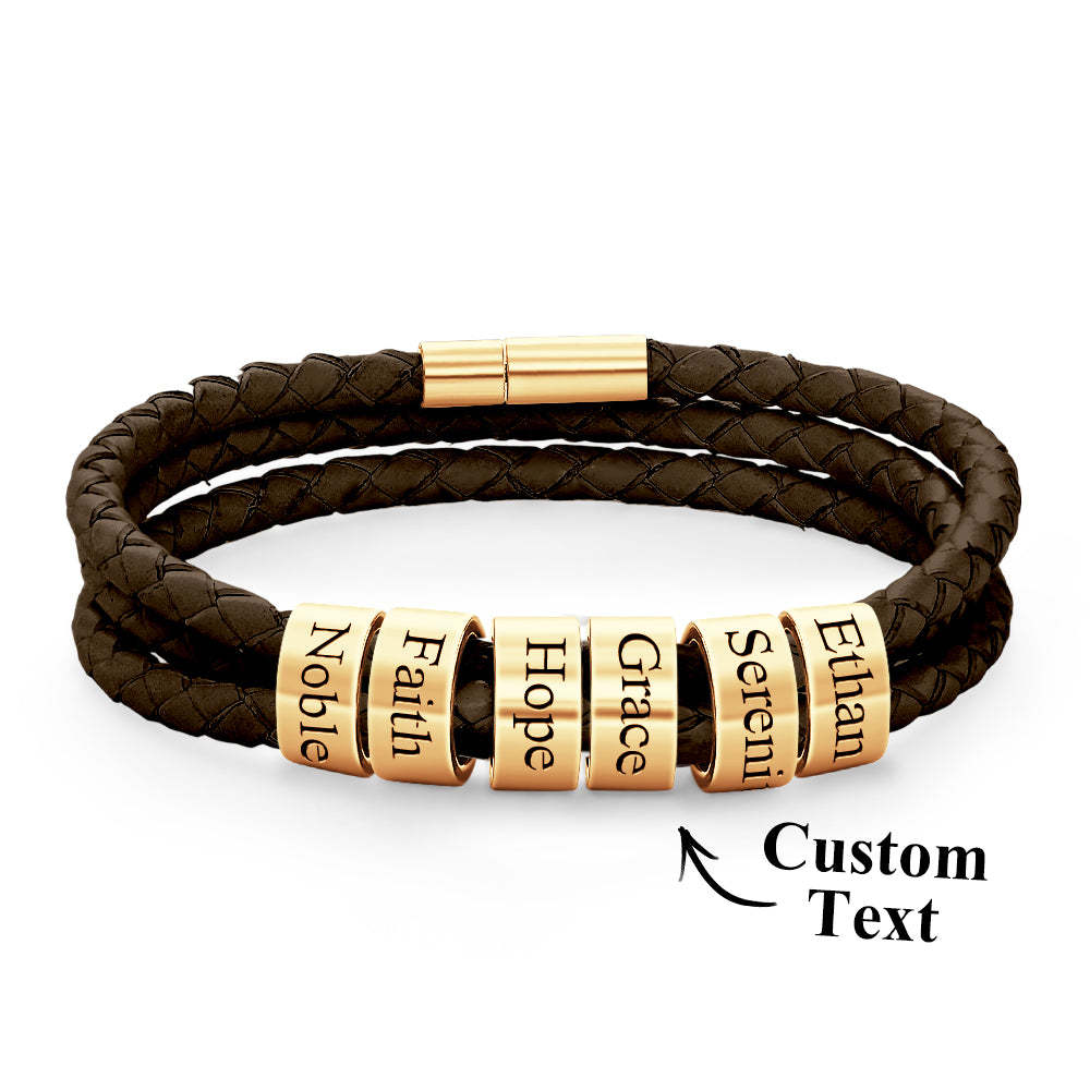 Men Braided Leather Bracelet with Small Custom Beads - soufeelus
