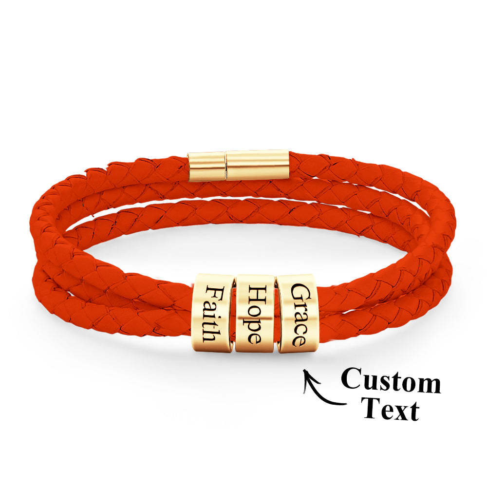 Men Braided Leather Bracelet with Small Custom Beads - soufeelus