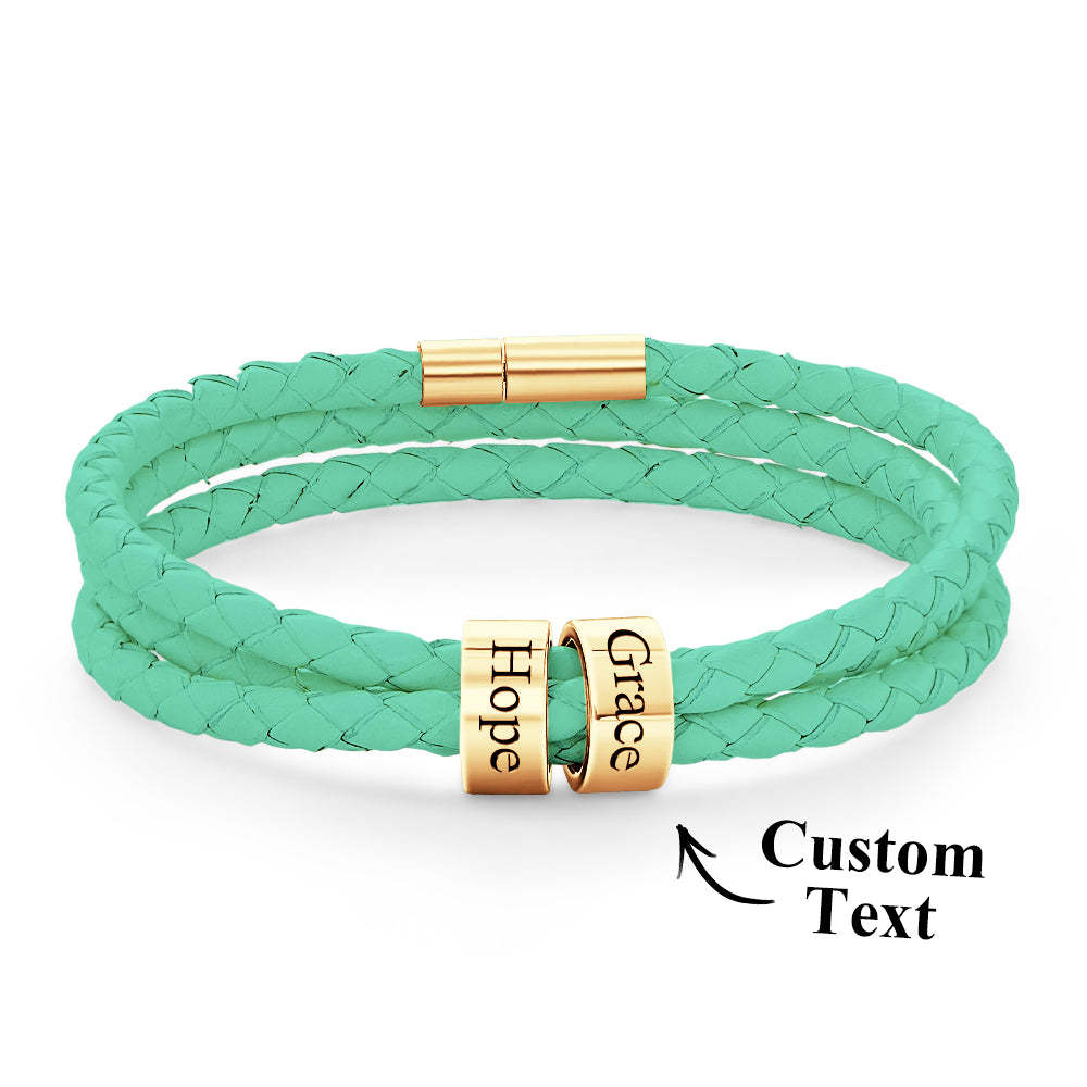Men Braided Leather Bracelet with Small Custom Beads - soufeelus