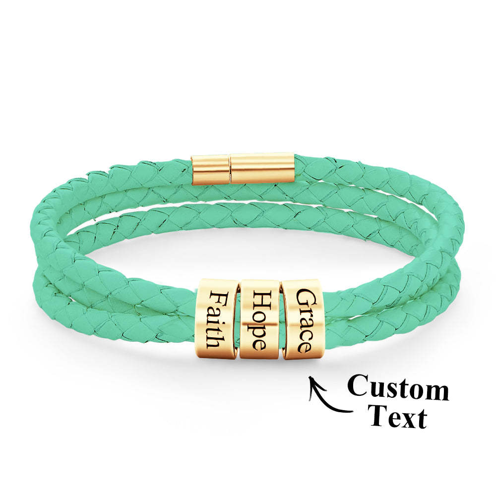 Men Braided Leather Bracelet with Small Custom Beads - soufeelus