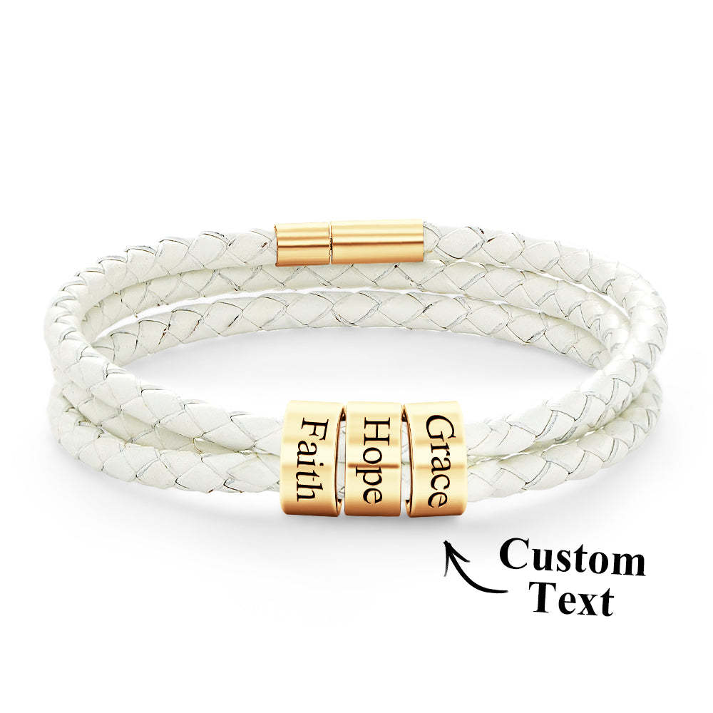 Men Braided Leather Bracelet with Small Custom Beads - soufeelus