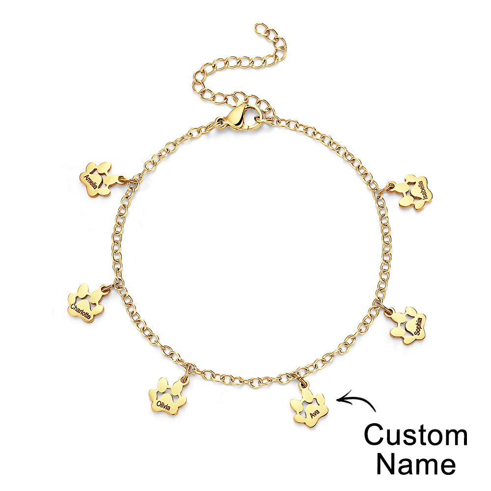 Custom Name Paw Print Bracelets 1-6 Names Dog Paw Bracelets Minimalist Cat Paw Bracelets for Pet Lover - soufeelus