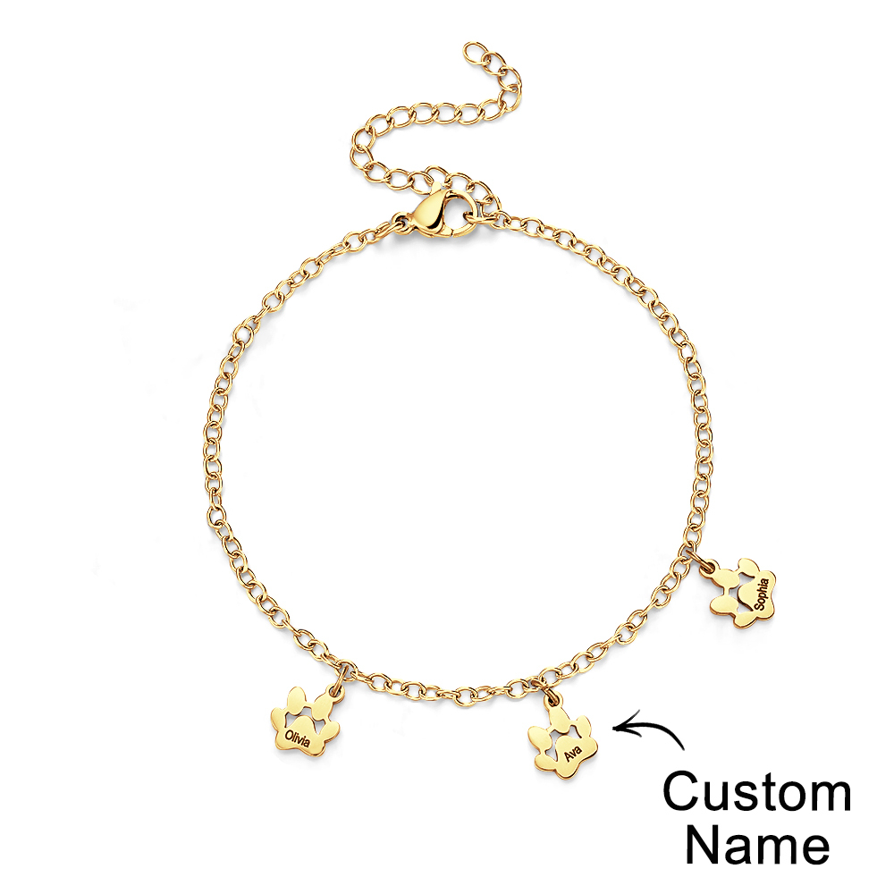 Custom Name Paw Print Bracelets 1-6 Names Dog Paw Bracelets Minimalist Cat Paw Bracelets for Pet Lover - soufeelus