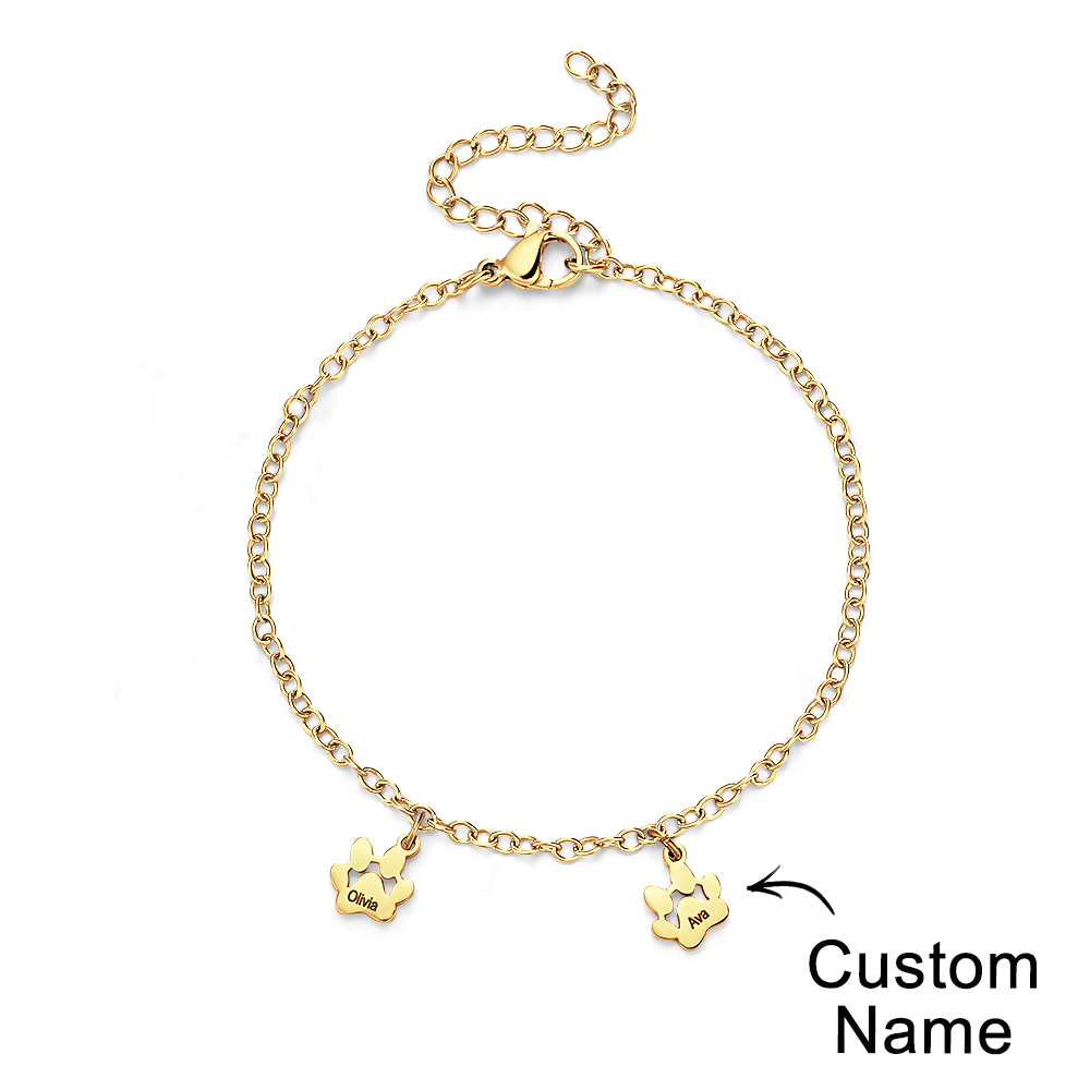 Custom Name Paw Print Bracelets 1-6 Names Dog Paw Bracelets Minimalist Cat Paw Bracelets for Pet Lover - soufeelus