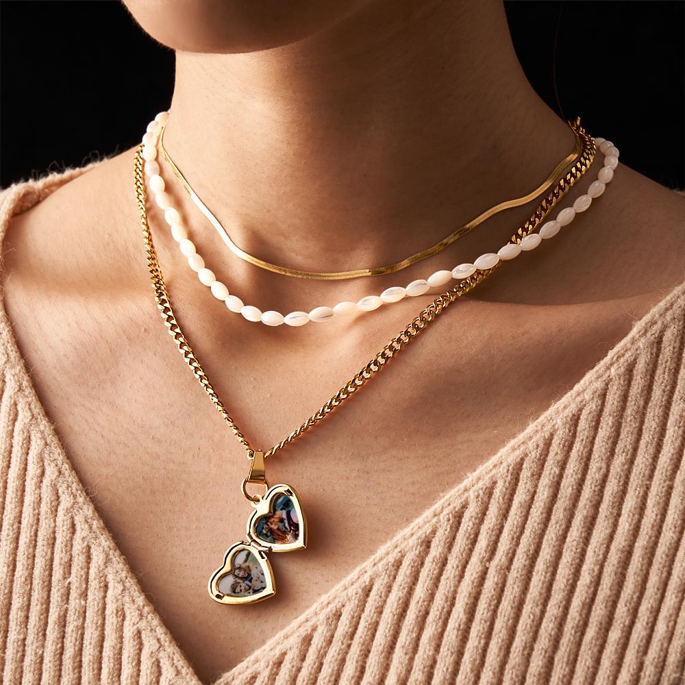 Triple Chain Set Photo Necklace Heart-shaped Personalized Photo Necklace Gift For Women - soufeelus