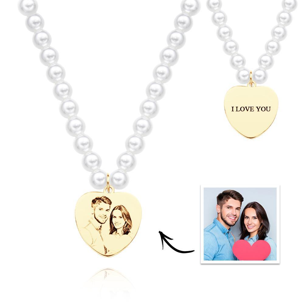 Custom Photo Engraved Necklace Pearl Chain Heart Gift - soufeelus