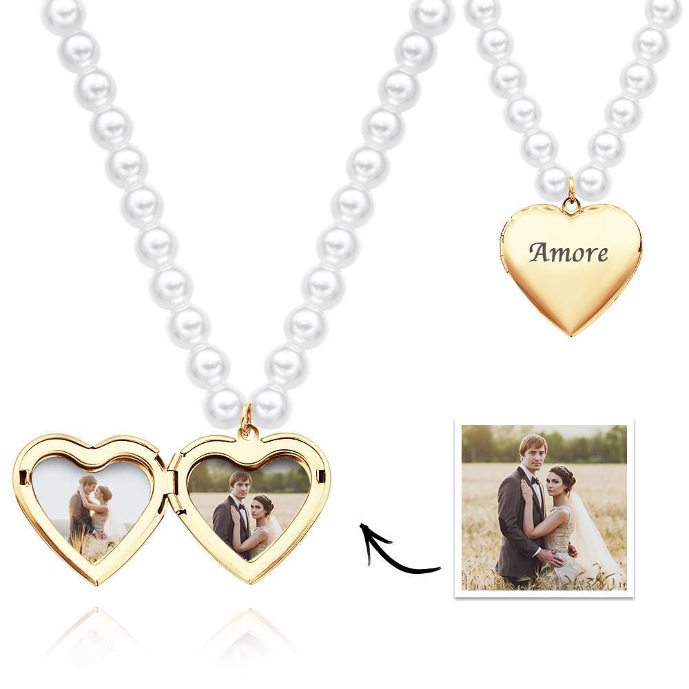 Custom Photo Engraved Necklace Pearl Heart Couple Gift - soufeelus