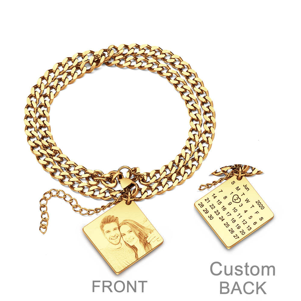 Custom Photo Engraved Date Bracelet Personalized Calendar Double Chain Bracelet Gift For Men - soufeelus