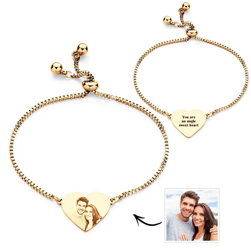 Personalized Custom Photo Text Stainless Steel Adjustable Bracelet Carved Heart Shaped Pendant Fashion Jewelry Custom Gift for Women - soufeelus
