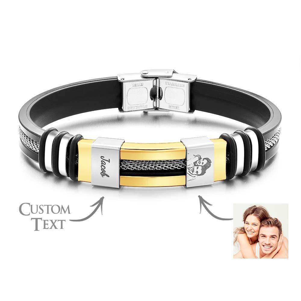 Mens Silicone Photo Bracelet with text Custom Family Photo Gifts for Dad Personalised Gift for Him - soufeelus