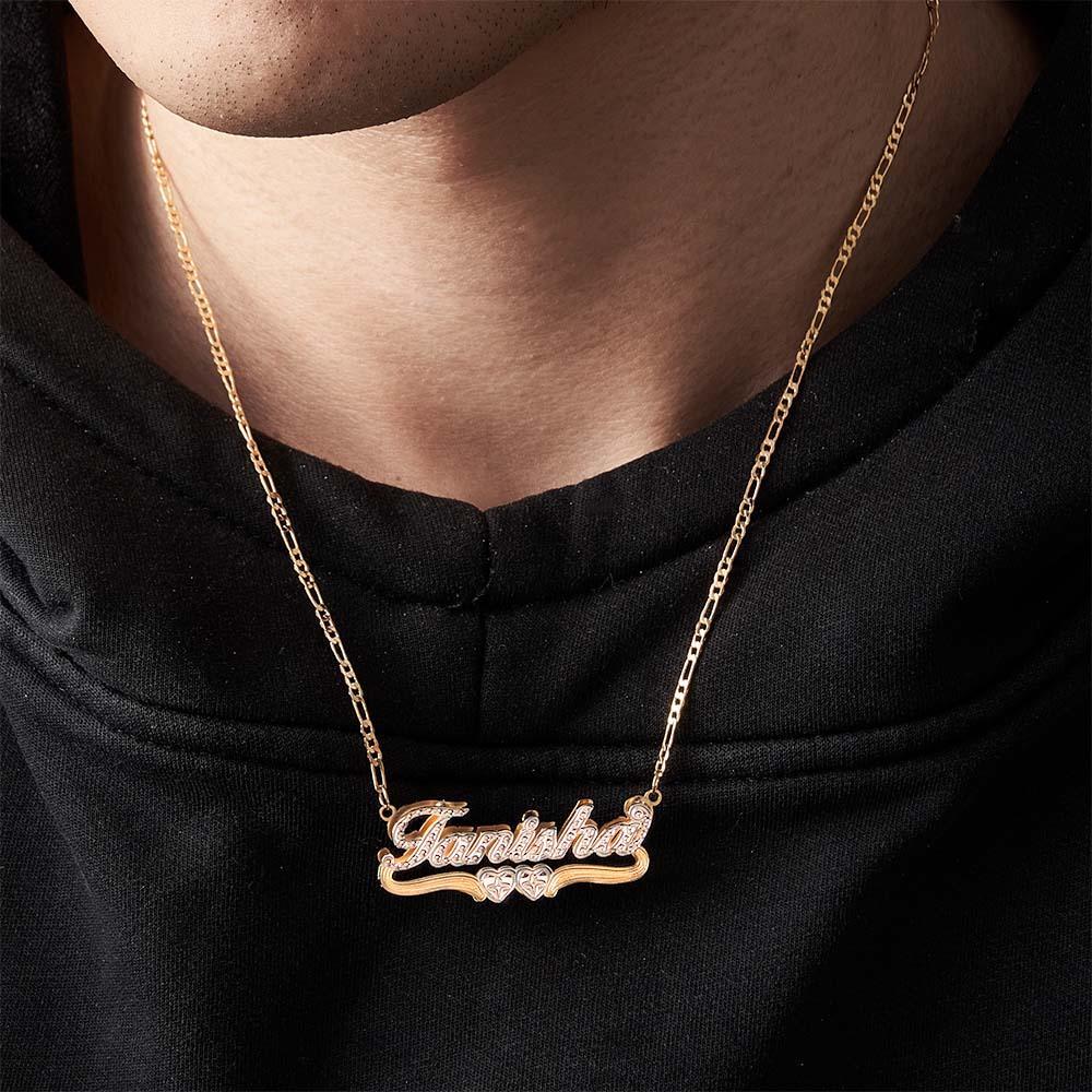 Personalized Hip Hop Name Necklace Double Hearts Decor Necklace Gifts for Men - soufeelus