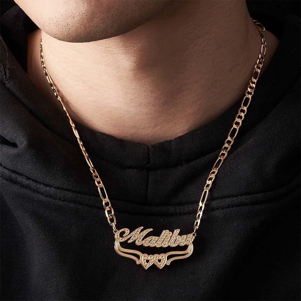 Personalized Hip Hop Name Necklace Double Heart Necklace Fashion Jewelry Gifts for Men - soufeelus