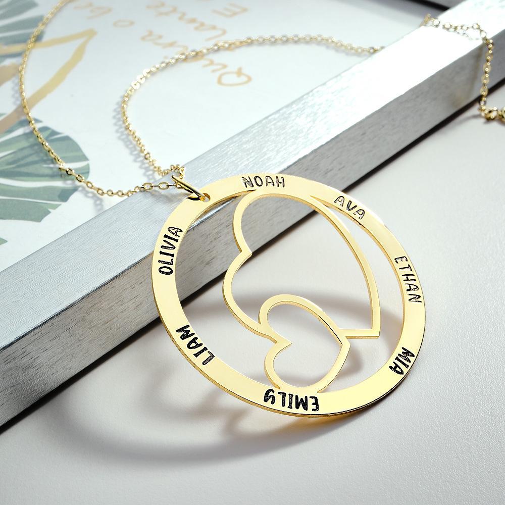 Engraved Name Necklace With Double Hearts Circle Elegant Pendant Jewelry Gifts For Her - soufeelus