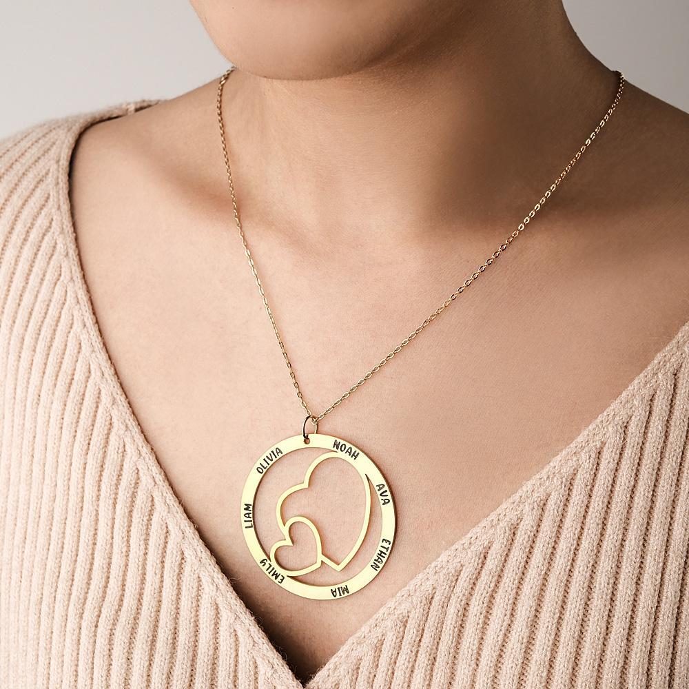 Engraved Name Necklace With Double Hearts Circle Elegant Pendant Jewelry Gifts For Her - soufeelus