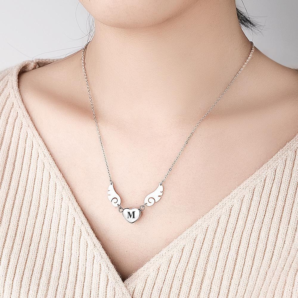 Custom Engraved Angel Wings Necklace With Letter Heart Charm Jewelry Gifts For Her - soufeelus