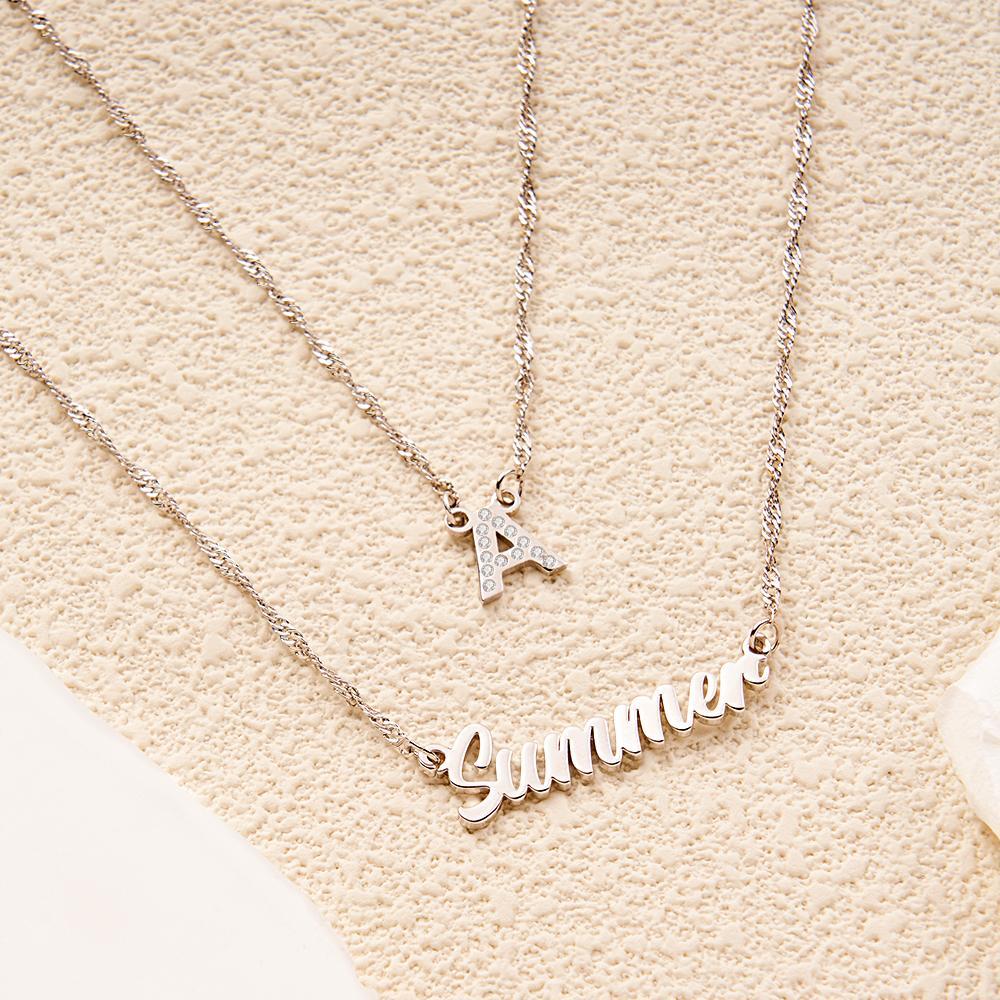 Double Chain Name Necklace Layered Necklace Custom Gold Initial Necklace, Personalized Letter Name Necklace Gift for Her - soufeelus