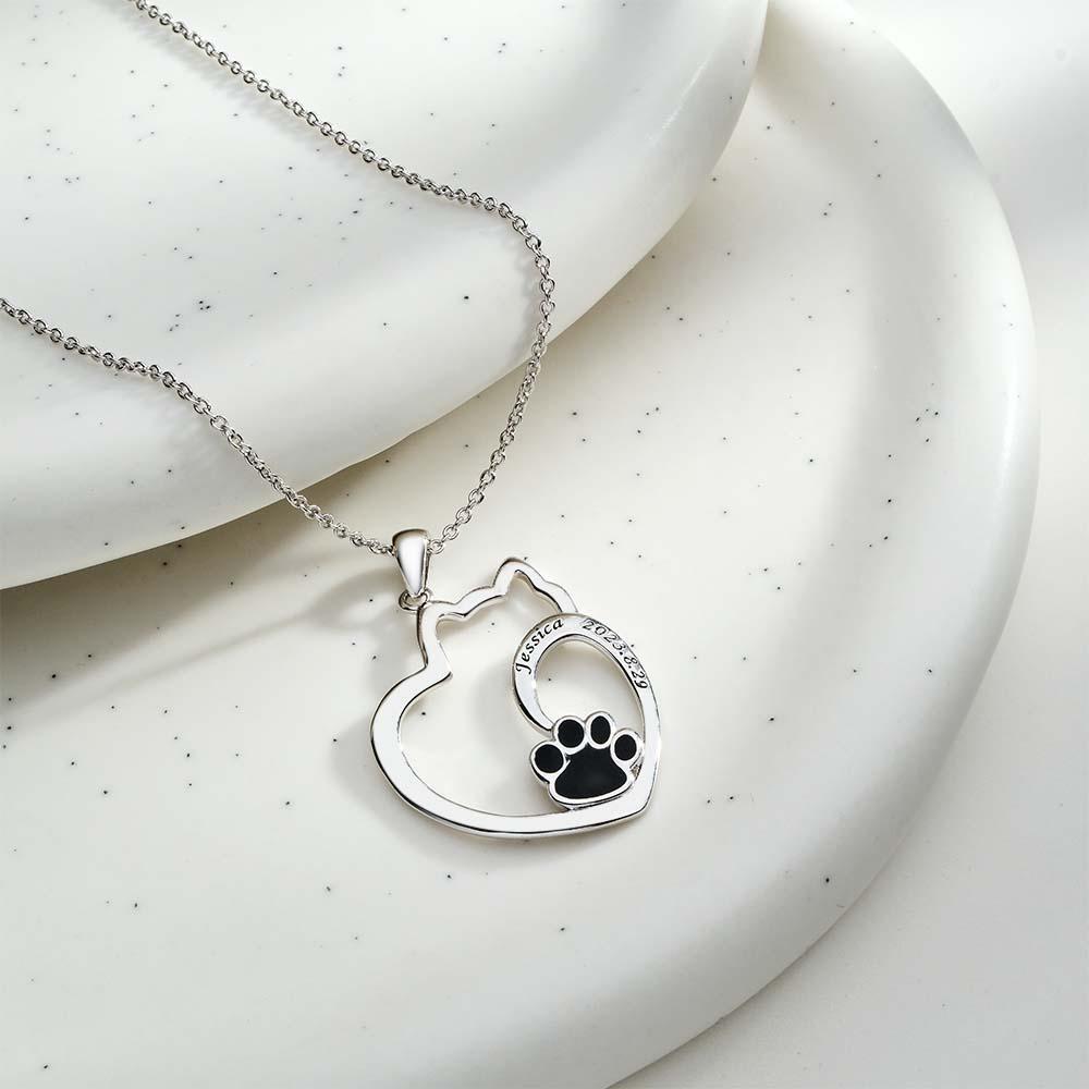 Custom Engraved Cat Contour Necklace With Pet Paw Decor Zircon Necklace Gifts For Her - soufeelus