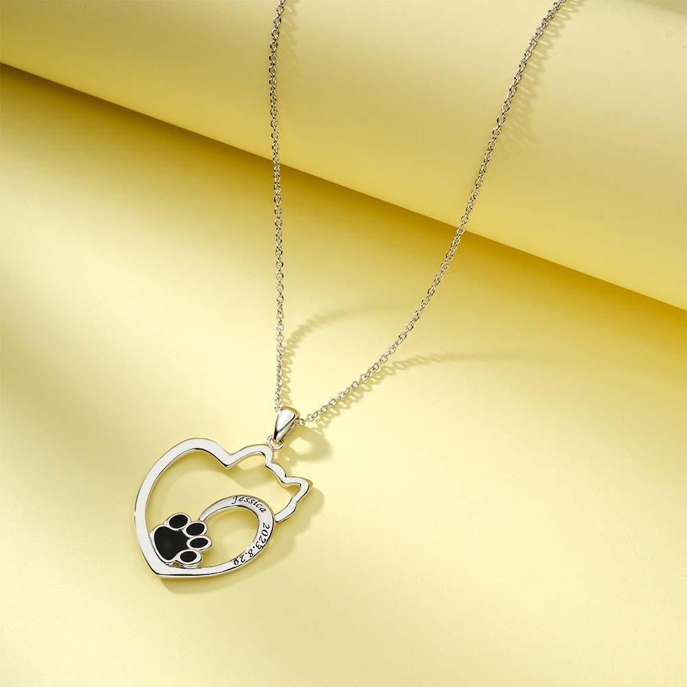 Custom Engraved Cat Contour Necklace With Pet Paw Decor Zircon Necklace Gifts For Her - soufeelus