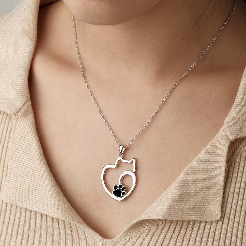 Custom Engraved Cat Contour Necklace With Pet Paw Decor Zircon Necklace Gifts For Her - soufeelus