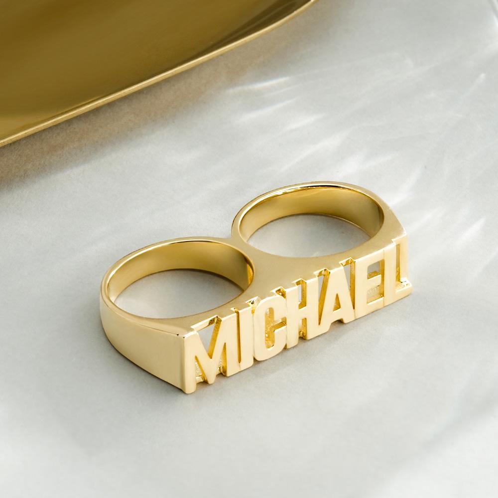 Custom Two Finger Name Ring Personalized Men's Double Band Ring - soufeelus