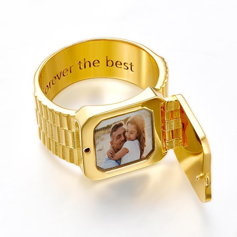 Photo Locket Ring for Dad That Holds Pictures inside Personalized Memorial Photo Locket Band Rings Gift for Dad Father Men Grandfather - soufeelus