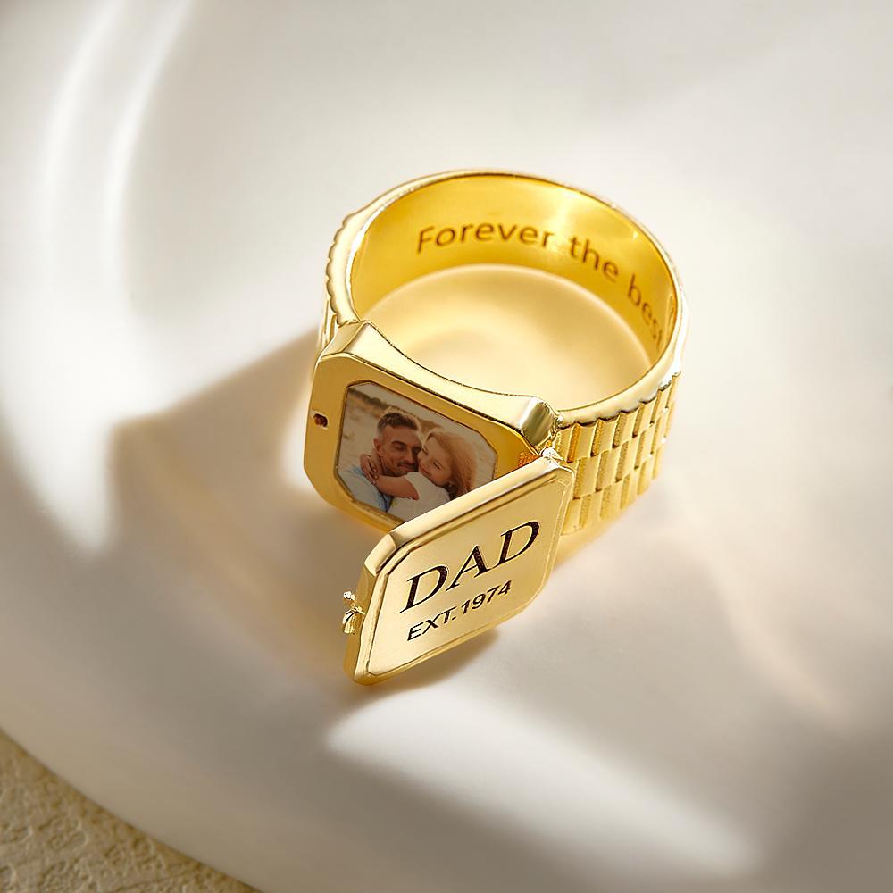 Photo Locket Ring for Dad That Holds Pictures inside Personalized Memorial Photo Locket Band Rings Gift for Dad Father Men Grandfather - soufeelus