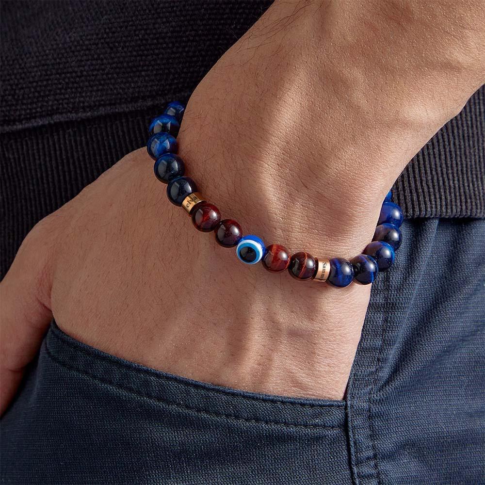 Custom Engraved Amulet Bracelet Evil Eye Blue and Red Tiger Eye Beaded Bracelet for Men - soufeelus