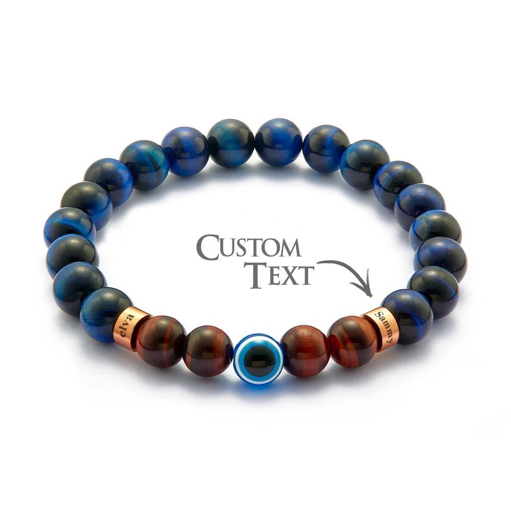 Custom Engraved Amulet Bracelet Evil Eye Blue and Red Tiger Eye Beaded Bracelet for Men - soufeelus
