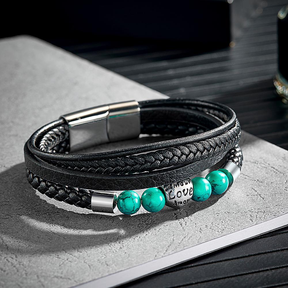 Custom Engraved Bracelet Street Hip-hop Braided Stack Leather Men's Gift - soufeelus