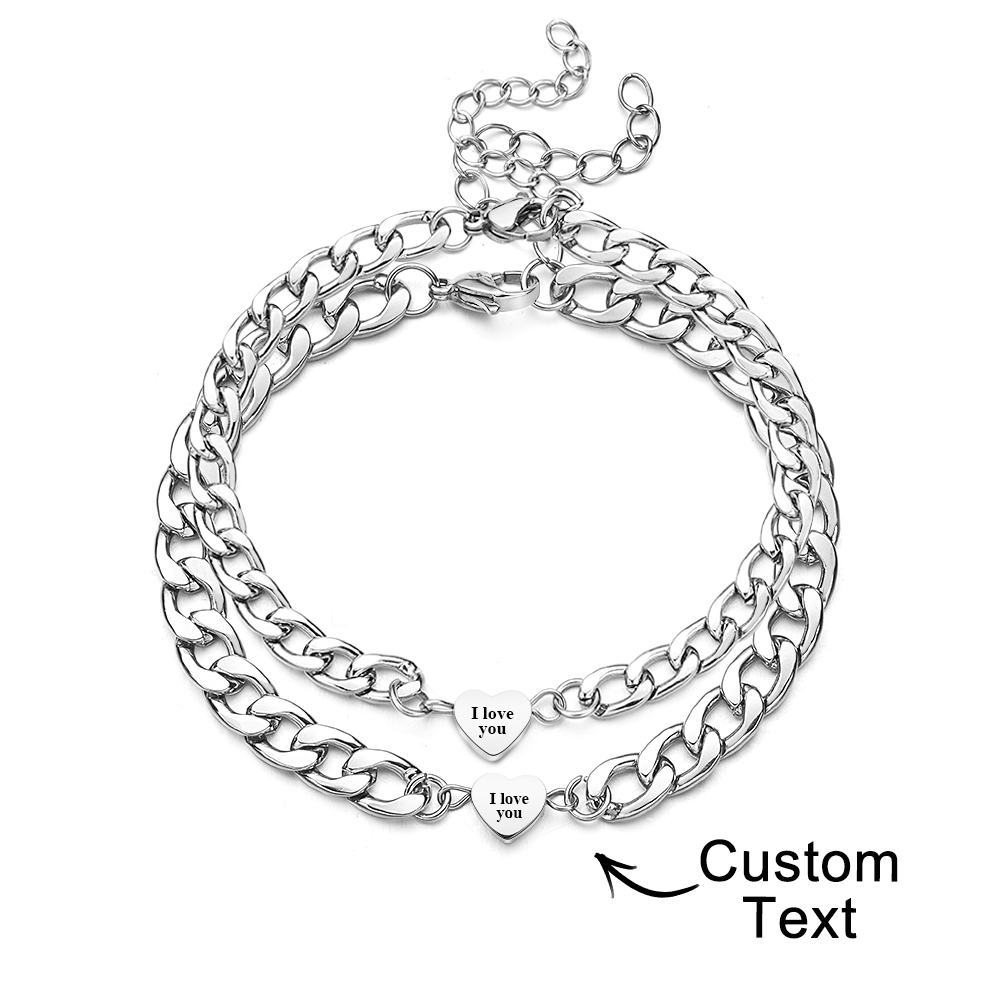 Engravable Bracelet Set Personalized Fashionable Chain Heart Pendant Bracelet Gift For Couples - soufeelus