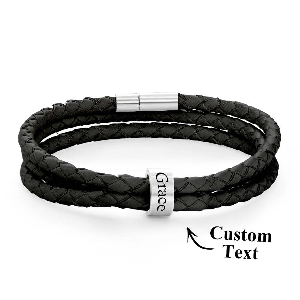 Men Braided Leather Bracelet with Small Custom Beads - soufeelus