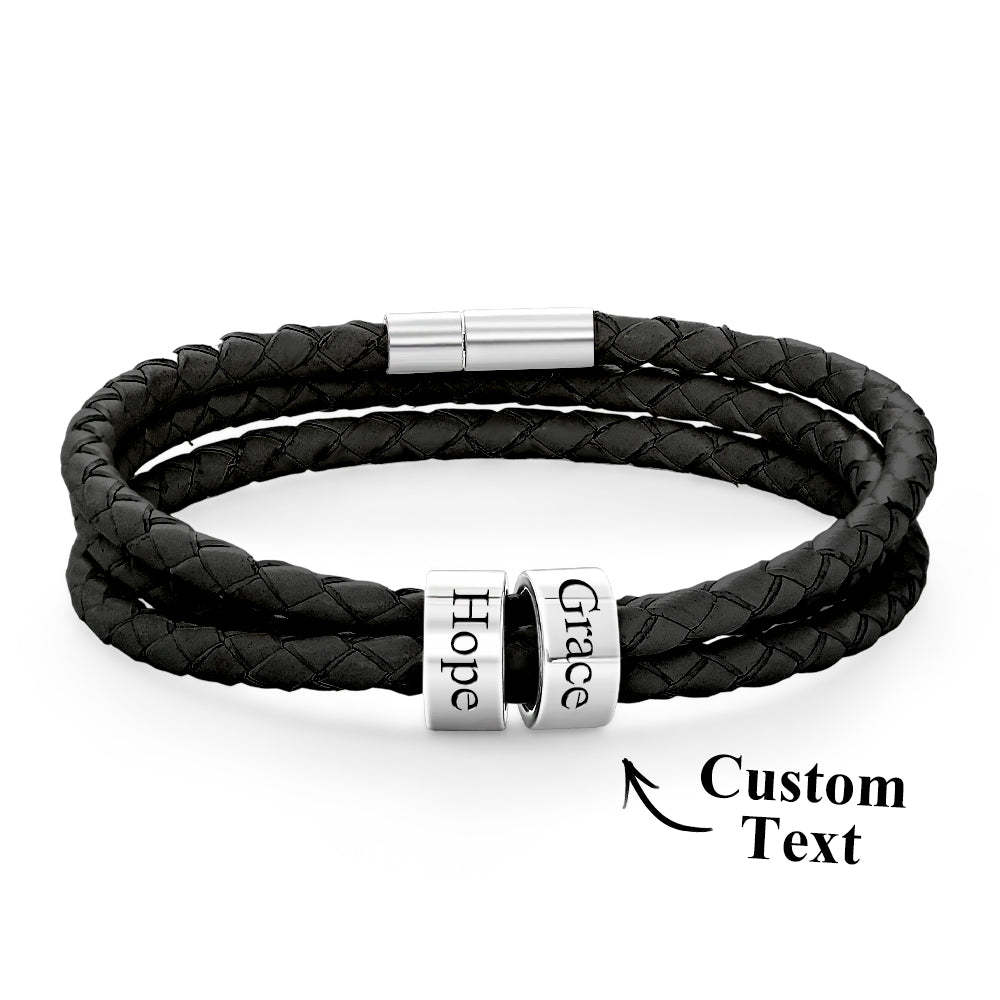 Men Braided Leather Bracelet with Small Custom Beads - soufeelus