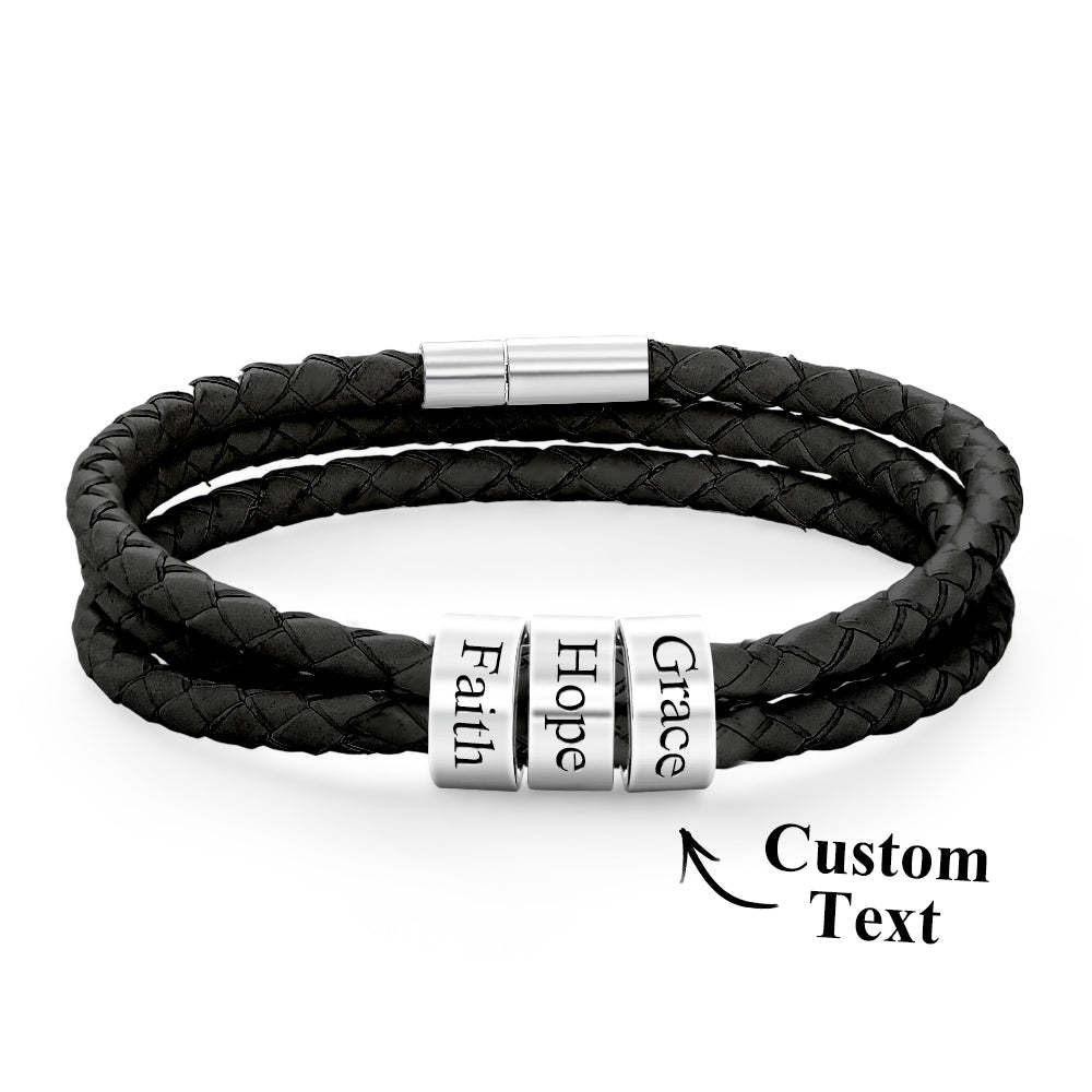 Men Braided Leather Bracelet with Small Custom Beads - soufeelus
