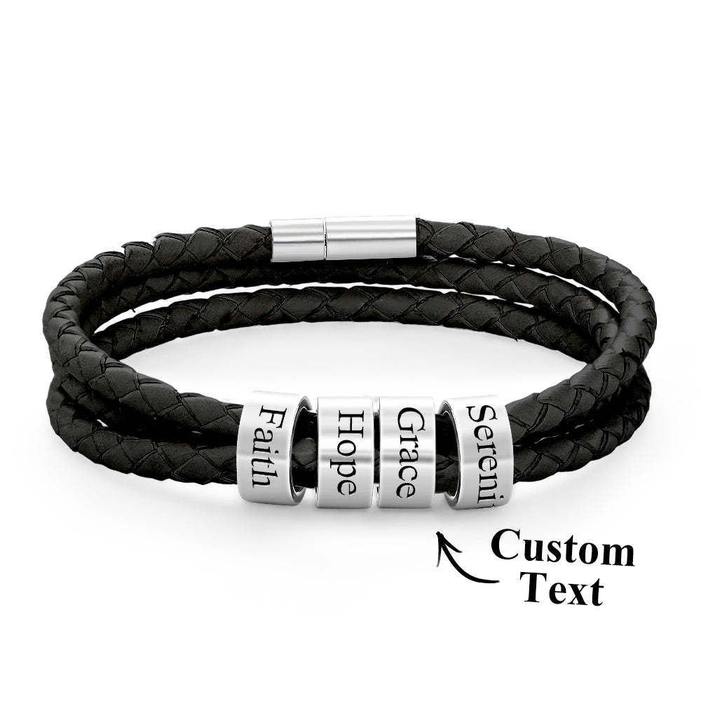 Men Braided Leather Bracelet with Small Custom Beads - soufeelus