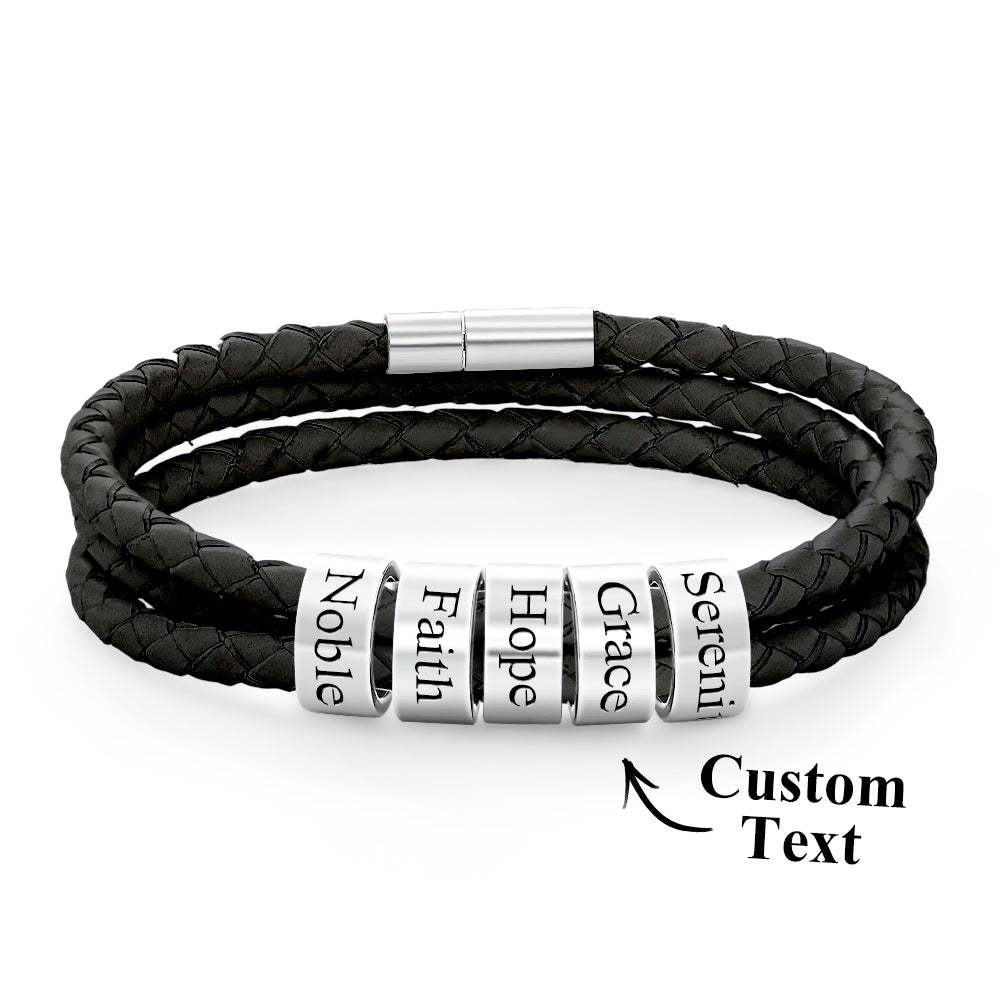 Men Braided Leather Bracelet with Small Custom Beads - soufeelus