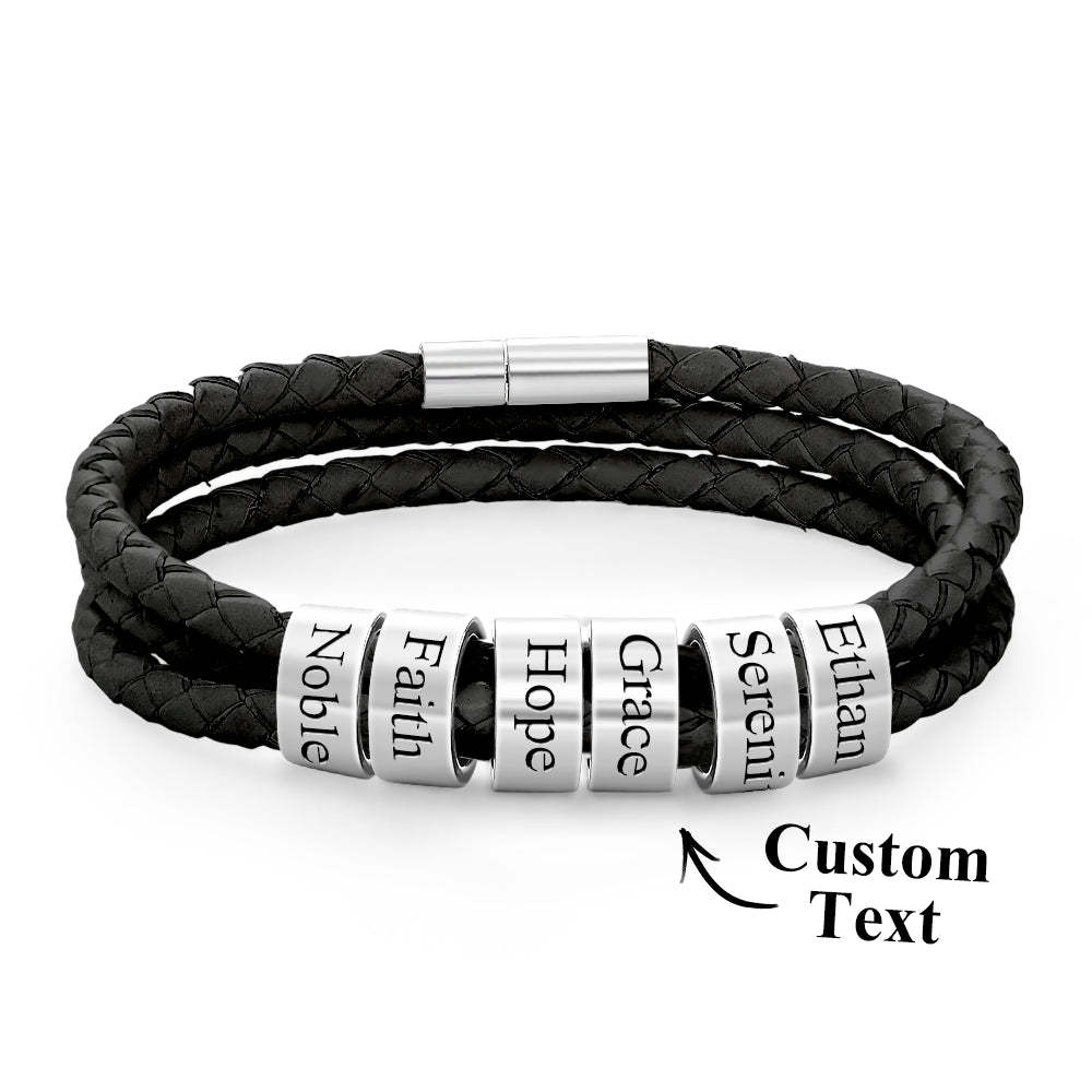 Men Braided Leather Bracelet with Small Custom Beads - soufeelus
