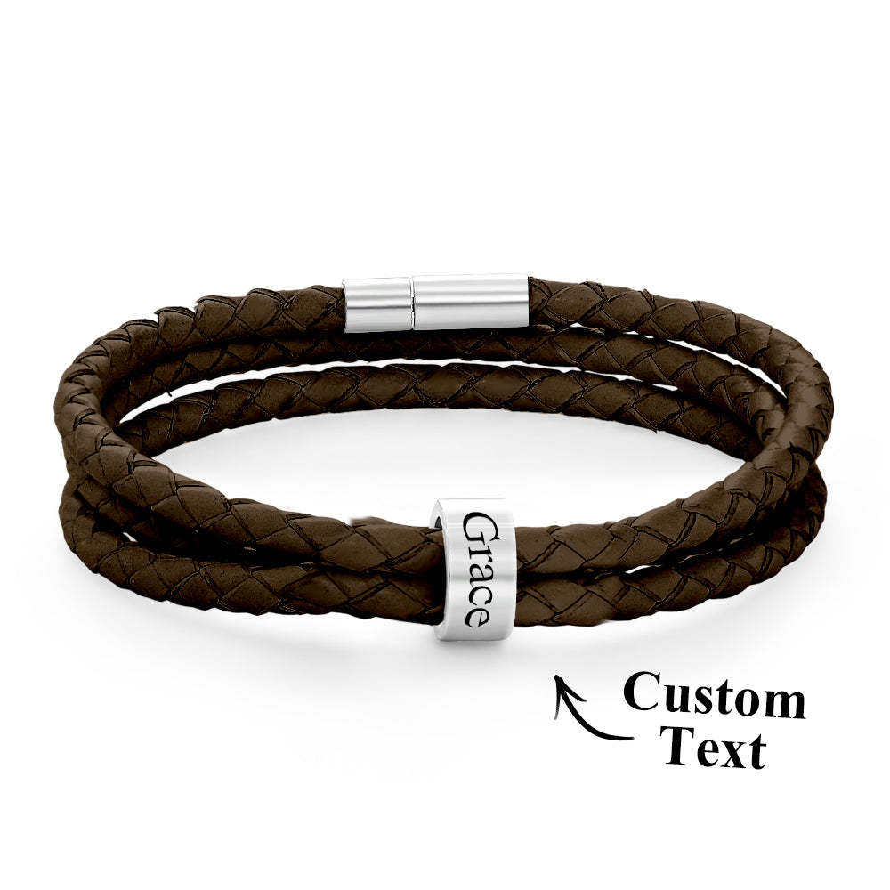 Men Braided Leather Bracelet with Small Custom Beads - soufeelus