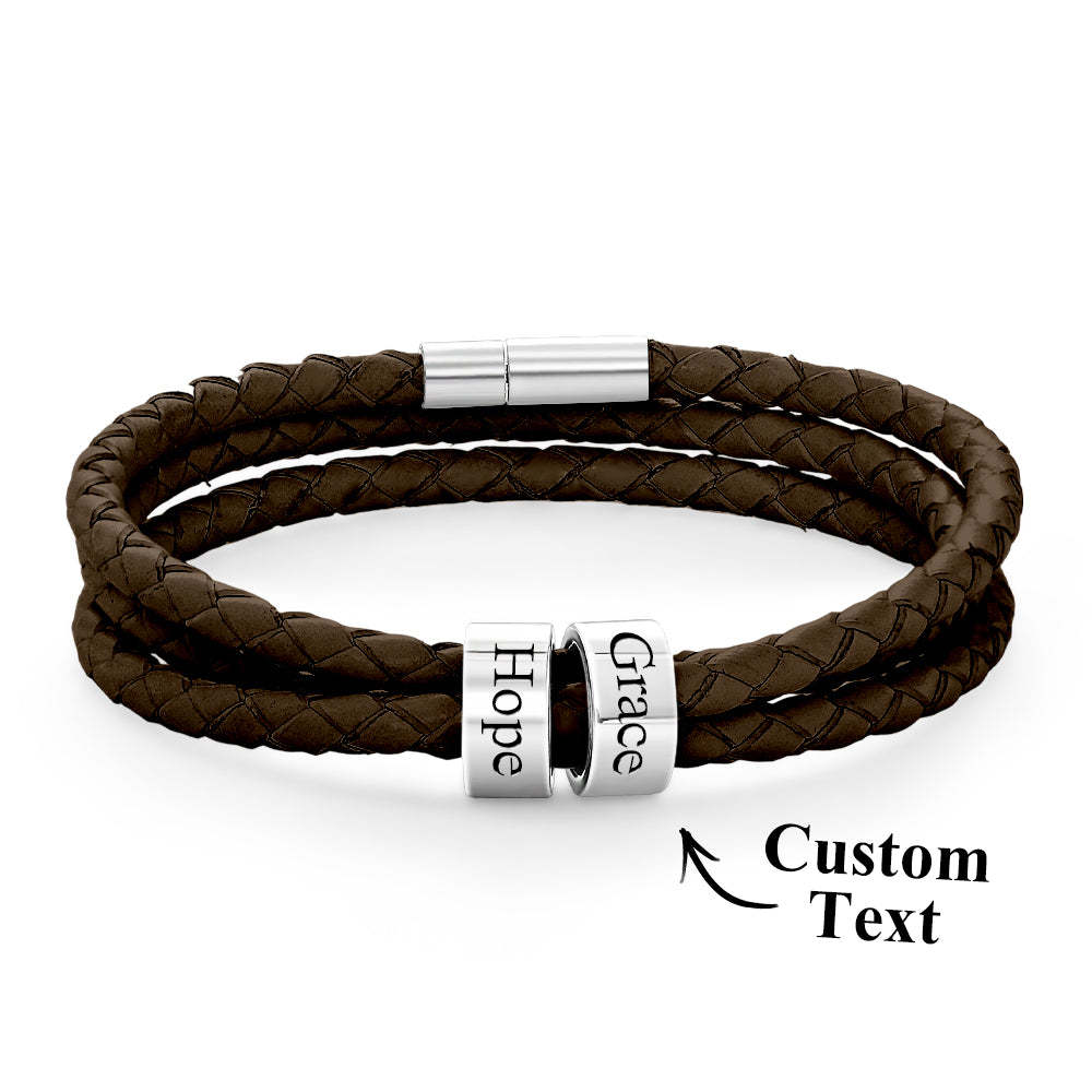 Men Braided Leather Bracelet with Small Custom Beads - soufeelus