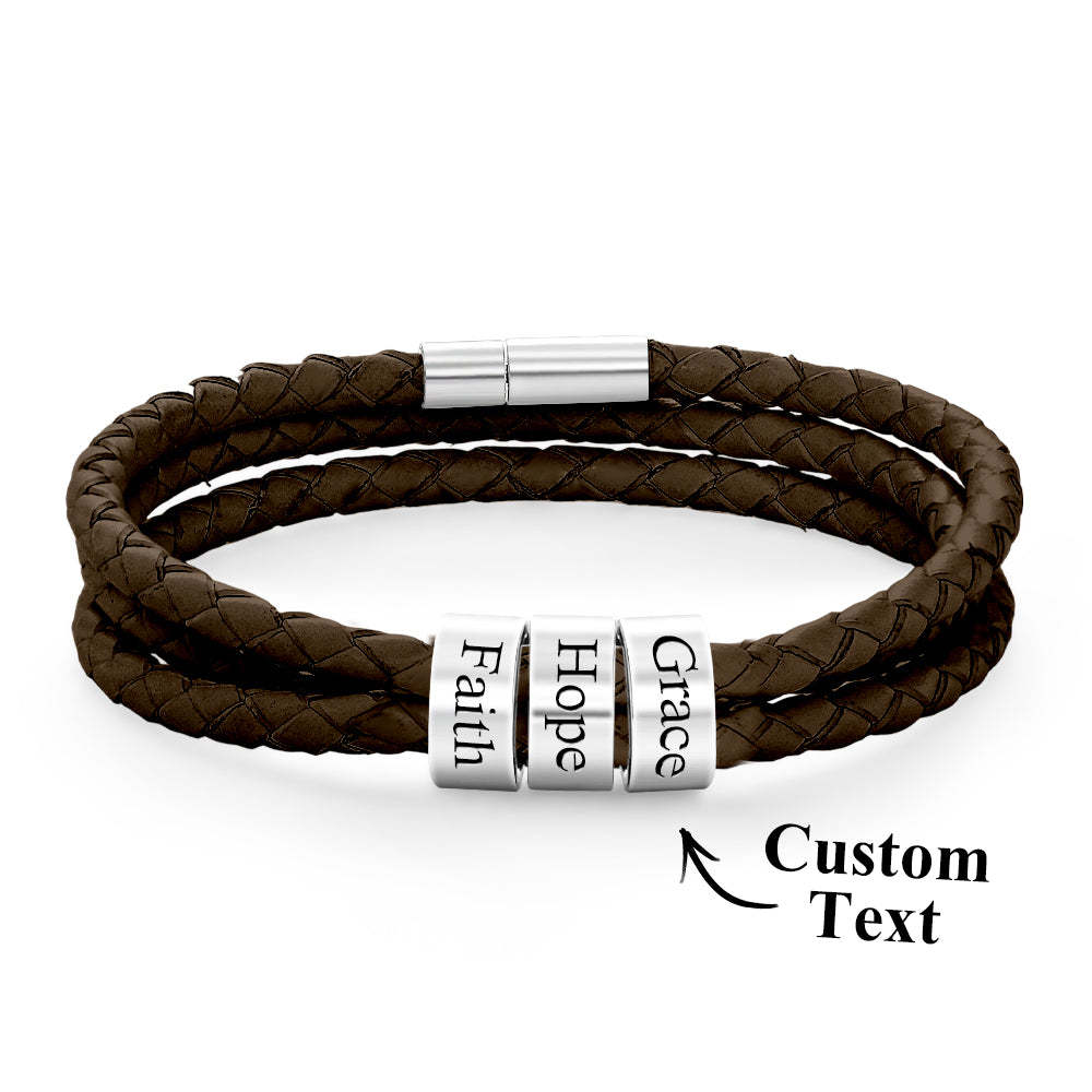 Men Braided Leather Bracelet with Small Custom Beads - soufeelus