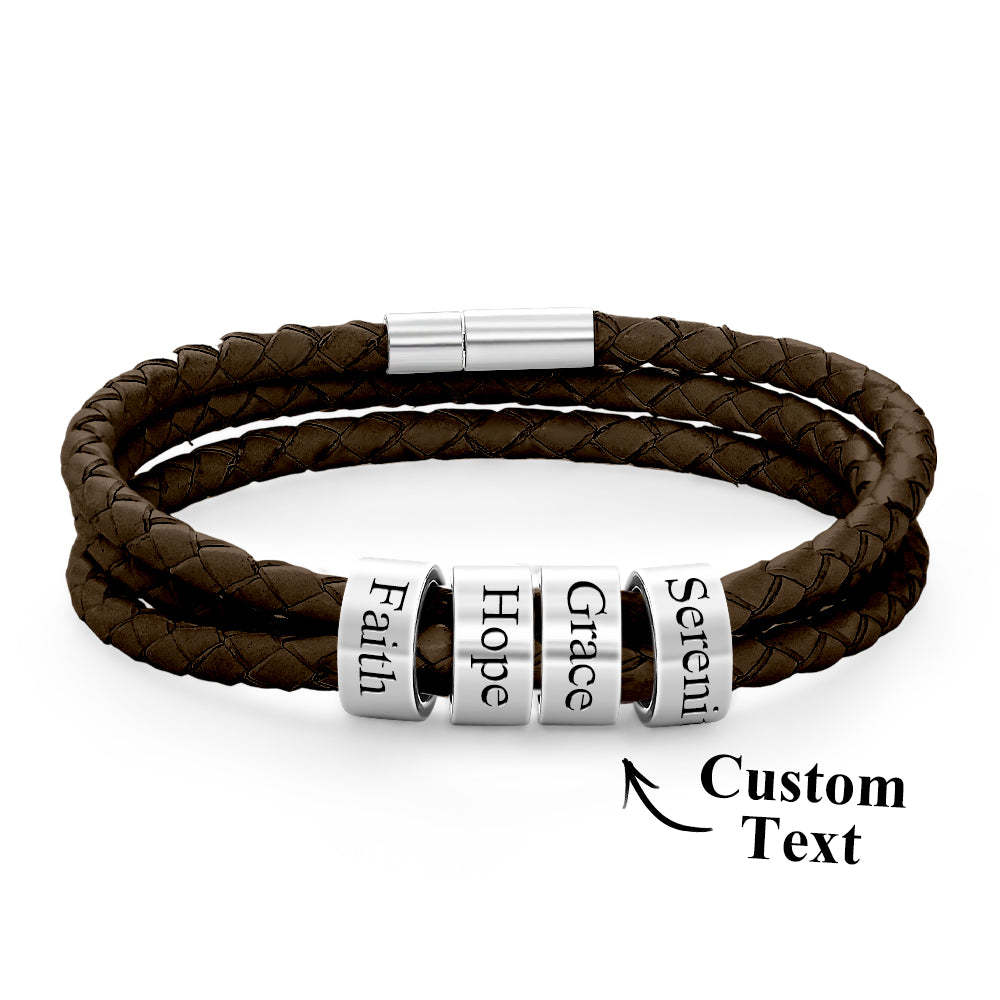 Men Braided Leather Bracelet with Small Custom Beads - soufeelus