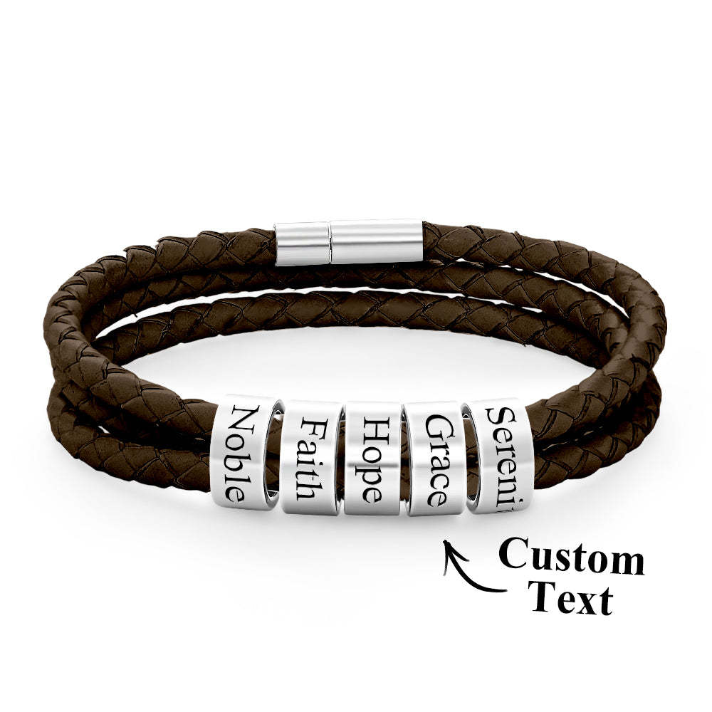 Men Braided Leather Bracelet with Small Custom Beads - soufeelus
