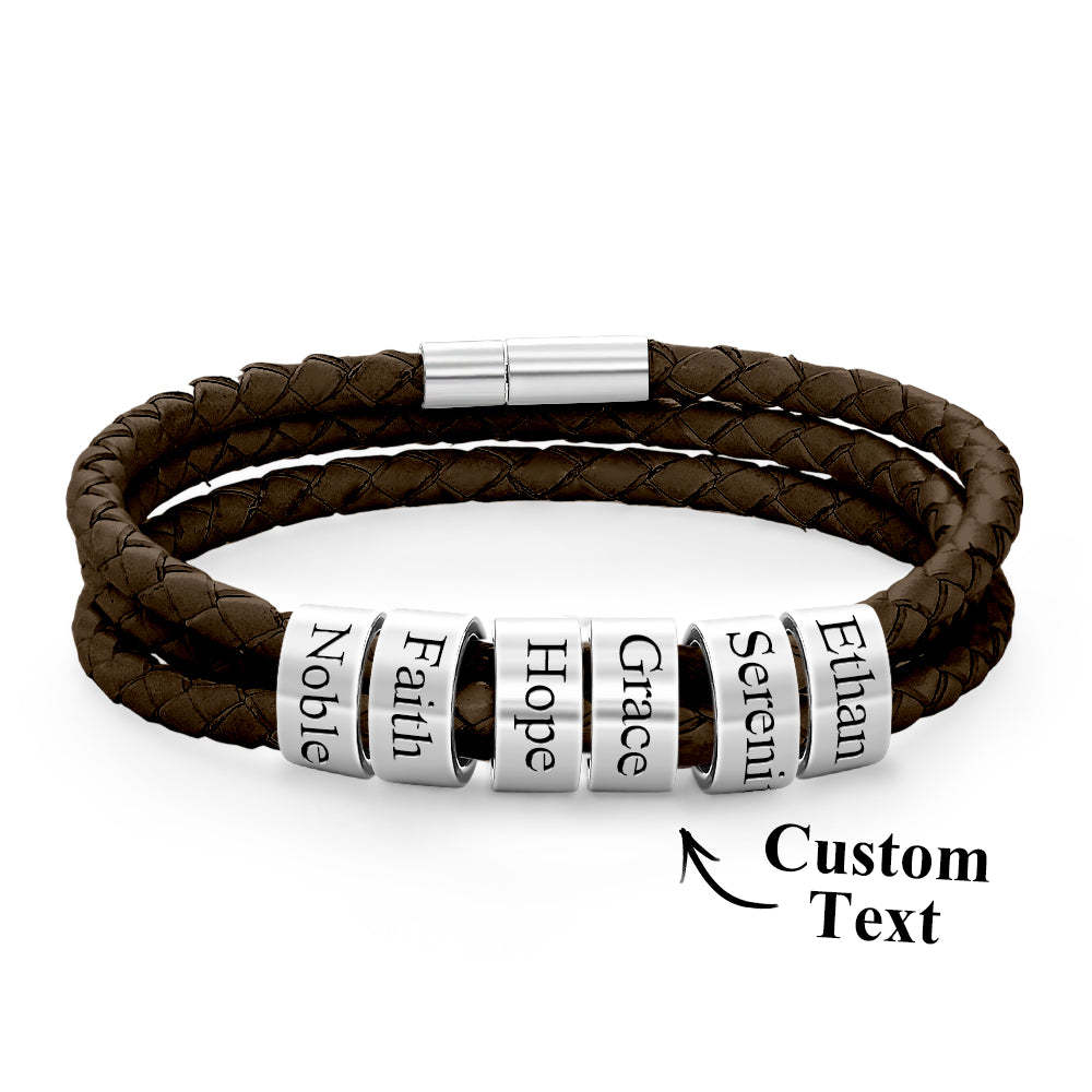 Men Braided Leather Bracelet with Small Custom Beads - soufeelus