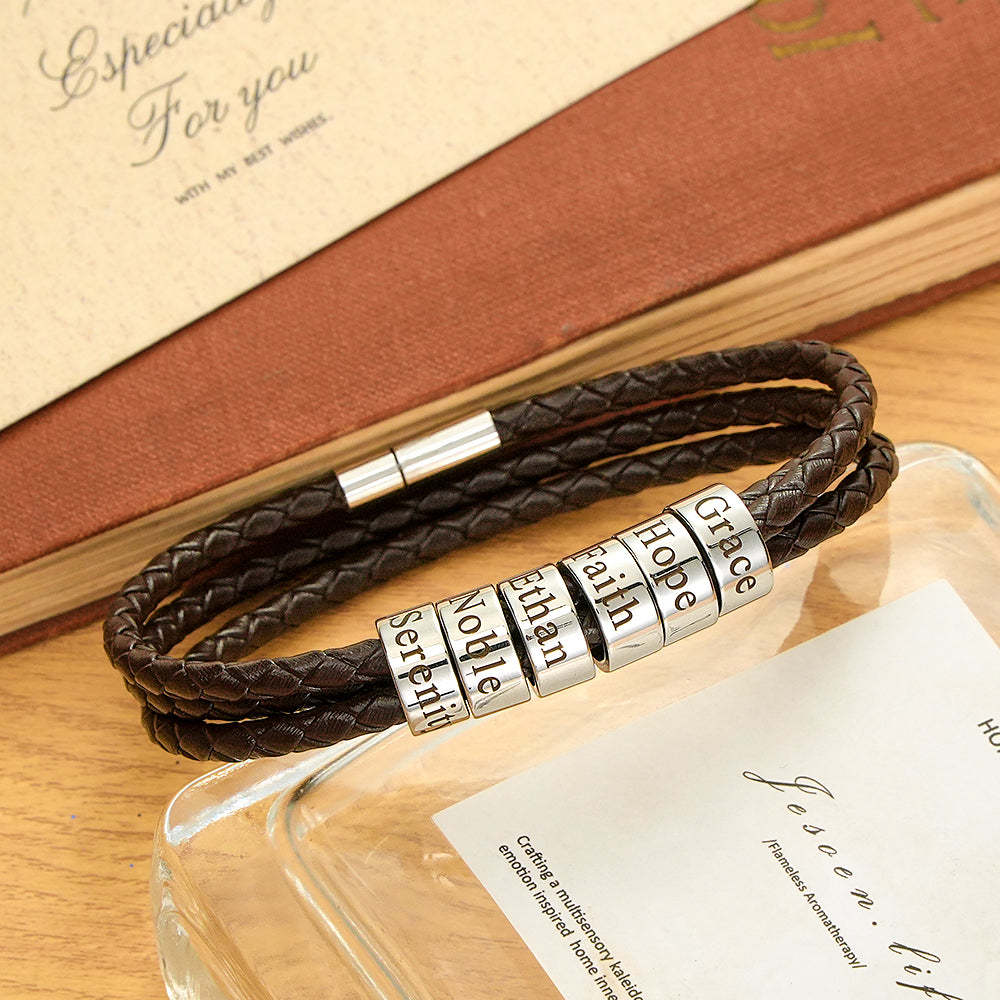 Men Braided Leather Bracelet with Small Custom Beads - soufeelus