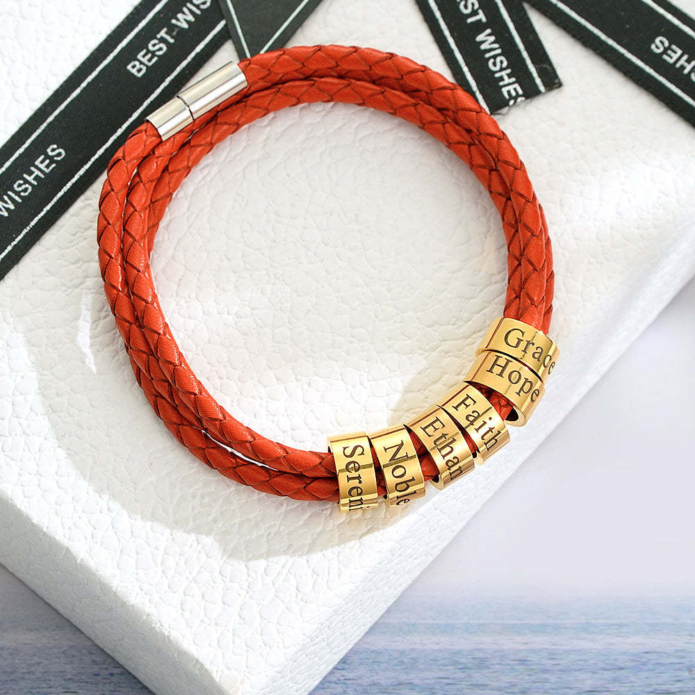 Men Braided Leather Bracelet with Small Custom Beads - soufeelus