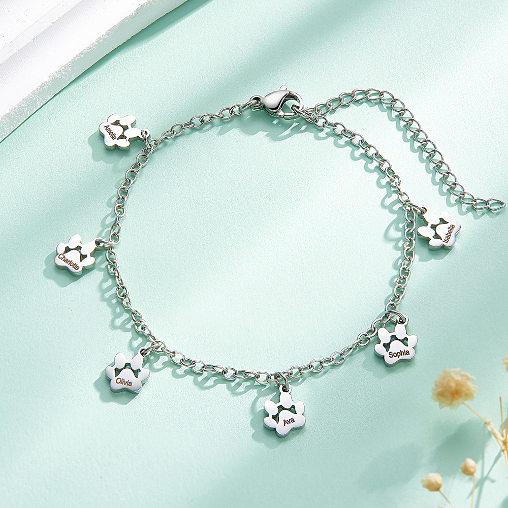 Custom Name Paw Print Bracelets 1-6 Names Dog Paw Bracelets Minimalist Cat Paw Bracelets for Pet Lover - soufeelus