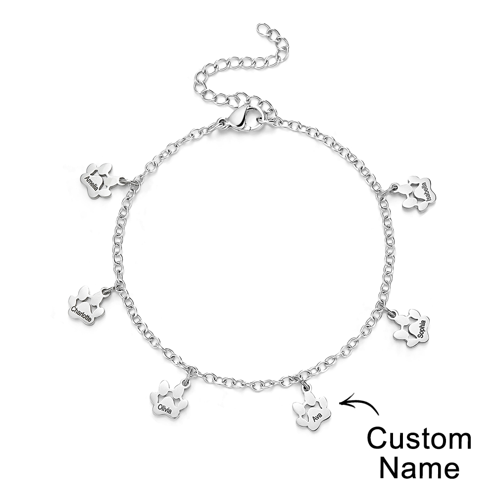 Custom Name Paw Print Bracelets 1-6 Names Dog Paw Bracelets Minimalist Cat Paw Bracelets for Pet Lover - soufeelus