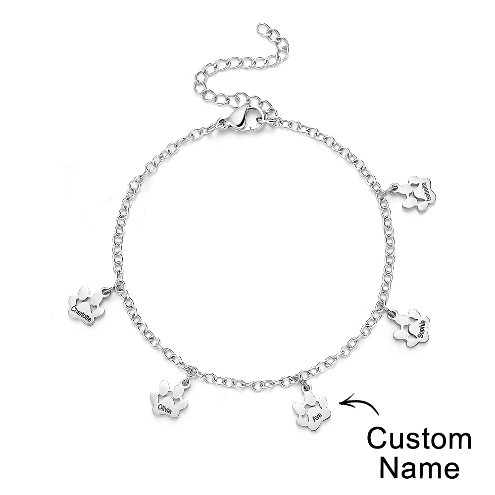 Custom Name Paw Print Bracelets 1-6 Names Dog Paw Bracelets Minimalist Cat Paw Bracelets for Pet Lover - soufeelus