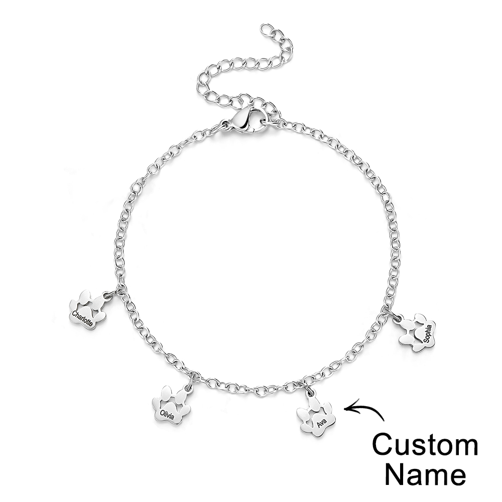 Custom Name Paw Print Bracelets 1-6 Names Dog Paw Bracelets Minimalist Cat Paw Bracelets for Pet Lover - soufeelus
